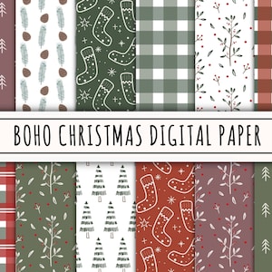 Pacchetto di carta digitale Boho Christmas, file di download digitale ripetuto senza soluzione di continuità, stampa di foglie di ciliegio con calzini per albero di Natale, design astratto del tessuto