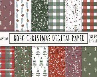 Boho Christmas digital paper pack, seamless repeat digital download file, Christmas tree socks cherry leaves print, abstract fabric design