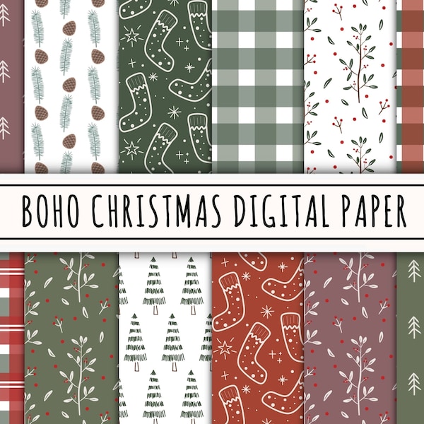 Boho Christmas digital paper pack, seamless repeat digital download file, Christmas tree socks cherry leaves print, abstract fabric design