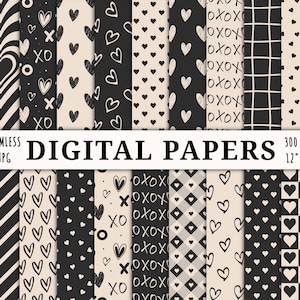 Schwarz und Elfenbein Valentinstag Papier, nahtlose Herz Hintergrund, druckbare digitale Muster, Sofort-Download-Datei, trendige Designs, cremefarben