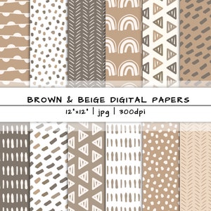 Papel digital boho sin costuras NEUTRAL ABSTRACT Patrón beige, archivo de descarga instantánea, fondo MARRÓN, garabatos de moda, papel de álbum de recortes digital
