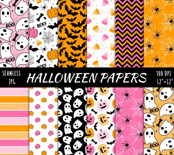 21 Cute Halloween Digital Papers, Spooky Ghost Pumpkin Seamless Pattern, Instant download file, Orange bat Scrapbook paper, Pink Backgrounds
