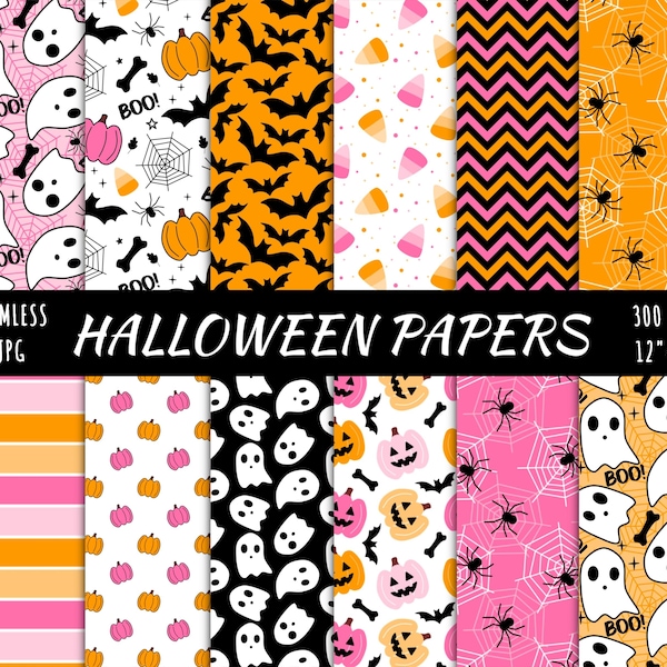 21 lindos papeles digitales de Halloween, patrón sin costuras de calabaza fantasma espeluznante, archivo de descarga instantánea, papel de álbum de recortes de murciélago naranja, fondos rosas