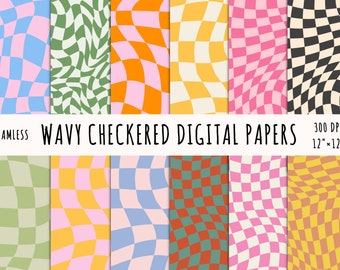 15 Wavy Checker Seamless Digital Paper, Checkered Pattern, Instant download file, Checks Background, Checkerboard Prints, pink green blue