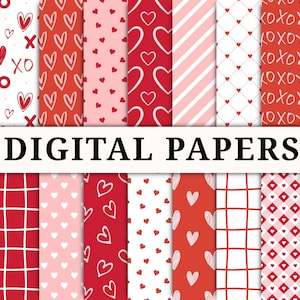 Rosa und rote Valentinstag digitales Papier, nahtlose wiederholen druckbare Muster, sofort-Download-Datei, trendige Designs, Herz Scrapbook Hintergrund