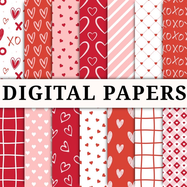 Pink and Red Valentines digital paper, Seamless repeat printable pattern, instant download file, trendy designs, heart scrapbook background