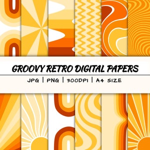 Papeles digitales retro groovy, jpg, png, fondo de los años 70, uso comercial, descarga instantánea, patrón hippy, papel de álbum de recortes retro, impresión de carteles
