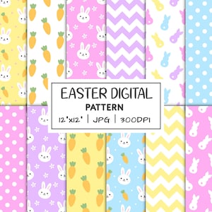 Peut inclure: Plusieurs motifs numériques de Pâques, chacun de 30,48 cm x 30,48 cm, avec des lapins, des carottes, des pois et des motifs en chevrons aux couleurs pastel. Le texte "EASTER DIGITAL PATTERN" est inclus.