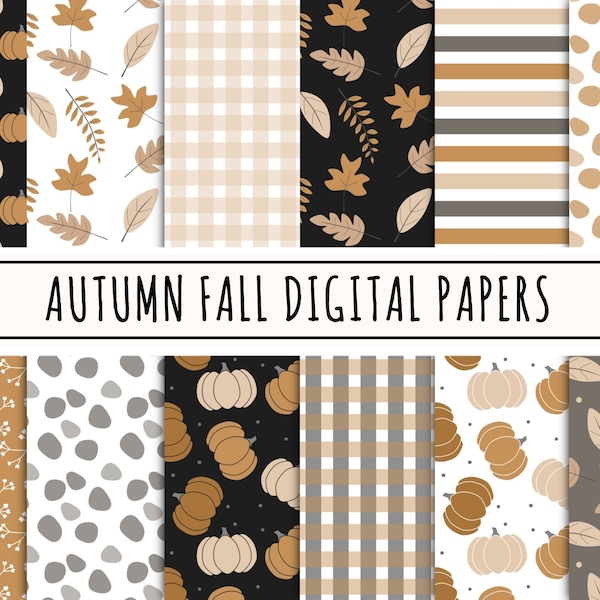 Autumn fall digital paper bundle, seamless repeat printable pattern, instant download file, boho pumpkin scrapbook paper, commercial use