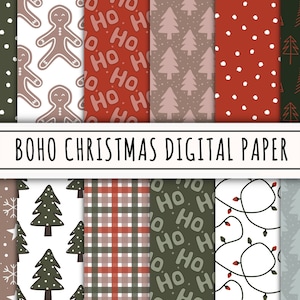 Pacchetto di carta digitale Boho Christmas, texture natalizie ripetute senza soluzione di continuità, 12 file jpeg, 300 dpi, 12×12 pollici, download immediato, anche per uso commerciale