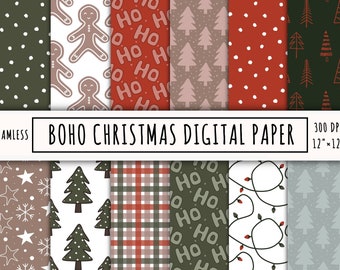 Boho Christmas digital paper pack, seamless repeat xmas textures, 12 jpeg files, 300dpi, 12×12 inches, instant download, commercial use also