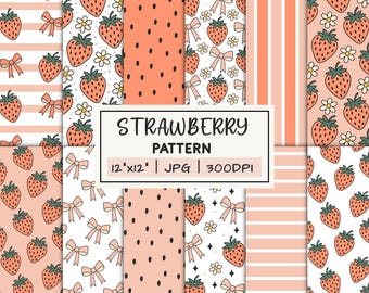 Strawberry floral digital papers,  Coquette bow seamless pattern, Summertime backgrounds, Daisy spring printable file, fruit design download