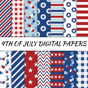 4 juli digitaal papierpakket, Naadloos herhaal afdrukbaar patroon, instant downloadbestand, Onafhankelijkheidsdag, Vierde juli Rood Blauw Witte sterren