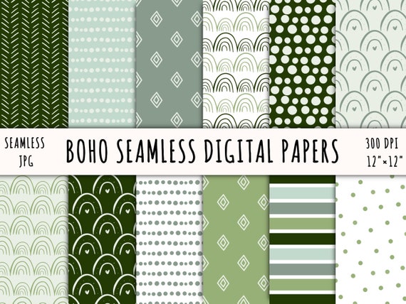 Sage Green Digital Papers, Seamless repeat printable pattern, instant download file, boho background, Handdraw doodles, abstract designs