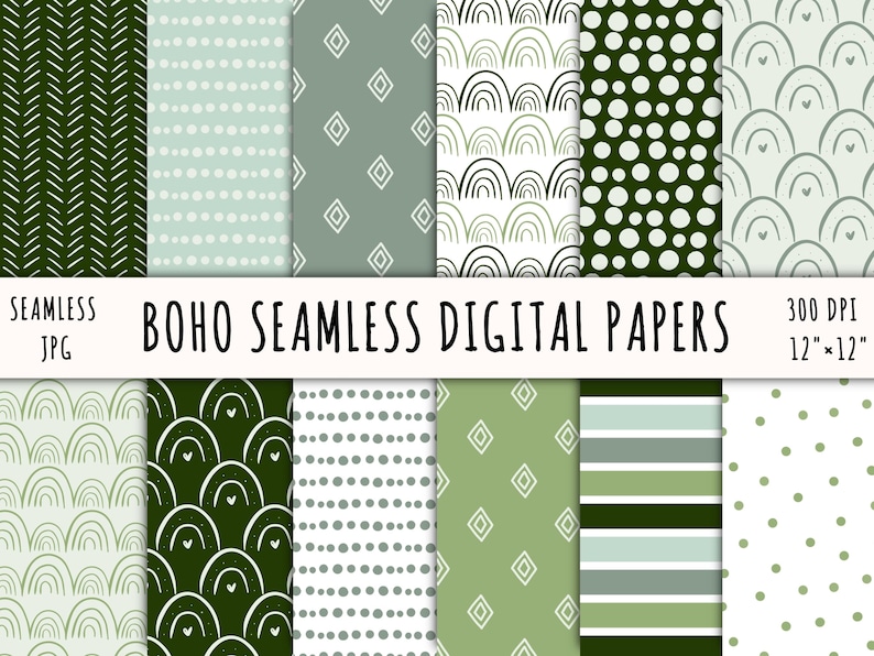 Pu&ograve; includere: Una collezione di carte digitali senza cuciture a tema boho. Le carte presentano vari motivi, tra cui chevron, punti, diamanti e archi, in tonalit&agrave; di verde e bianco. Il testo "BOHO SEAMLESS DIGITAL PAPERS" &egrave; visualizzato.