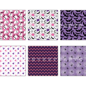 May include: Six Halloween-themed patterned papers. Designs include ghosts on pink, bats on purple, pumpkins and bats, candy corn, a chevron pattern, and spiderwebs with spiders.