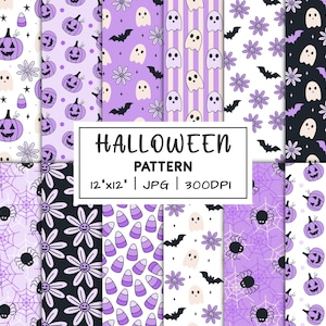May include: A collection of Halloween-themed digital papers featuring various patterns. Designs include jack-o'-lanterns, ghosts, bats, spiders, spiderwebs, and candy corn in shades of purple, black, and white. The text "HALLOWEEN PATTERN" is displayed.