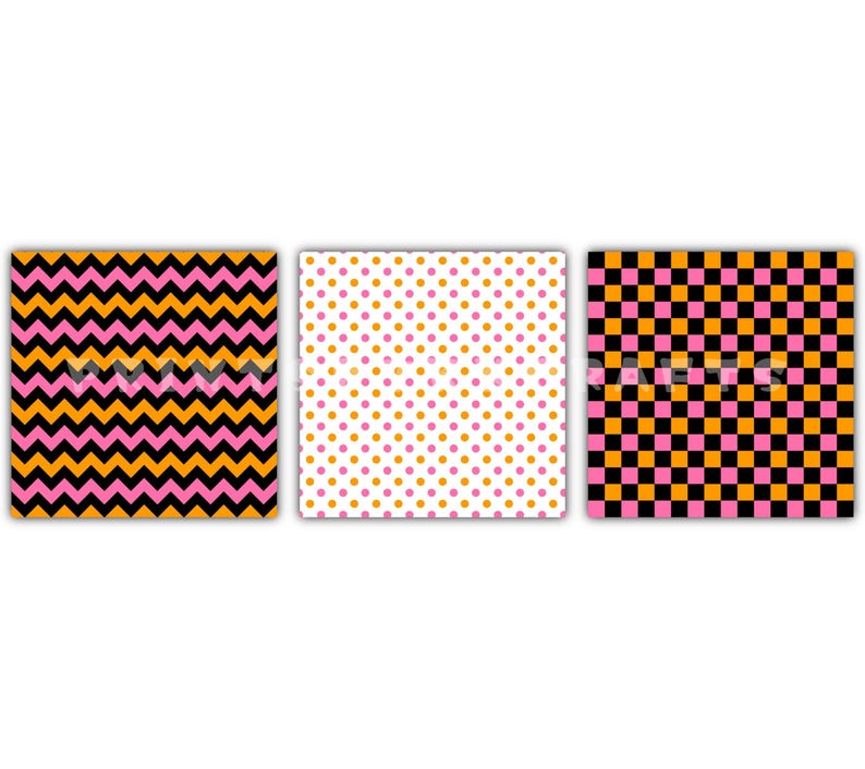 May include: Three square patterns: a black, orange, and pink chevron design; a white background with pink and orange polka dots; and a black, orange, and pink checkerboard pattern. The patterns are vibrant and colorful.