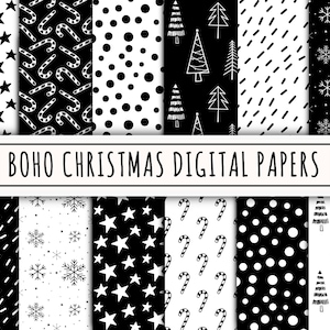 12 patrón de repetición sin costuras de Navidad en blanco y negro, papel de álbum de recortes de Navidad Boho, fondos de vacaciones, paquete de papel digital de uso comercial