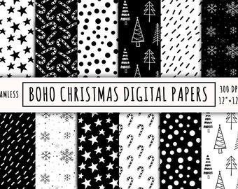 12 Black and white Christmas seamless repeat pattern, Boho Christmas scrapbook paper, holiday backgrounds, commercial use digital paper pack