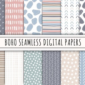 Paquete de papel digital sin costuras Boho, patrones repetidos, archivo de descarga instantánea, fondo pastel abstracto, papeles de scrapbooking, garabatos dibujados a mano