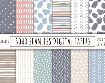 Boho seamless digital paper pack, repeat patterns, instant download file, abstract pastel background, scrapbooking papers, handdrawn doodle