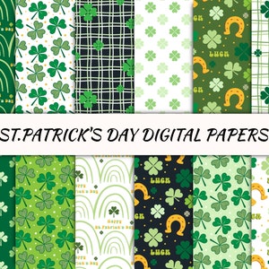 St.Patrick's Day digitale Papiere, nahtloses druckbares Muster, Sofort-Download-Datei, Handgezeichneter Kleeblatt, Kleeblatt Hintergrund