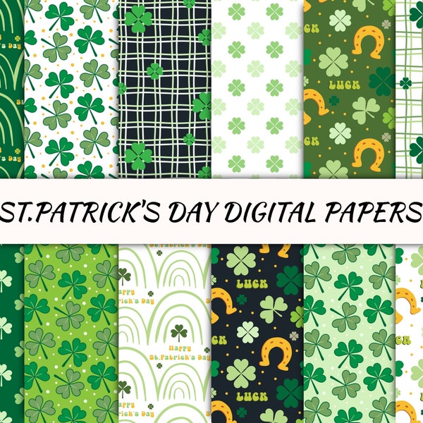 St.Patrick's Day digital papers, Seamless repeat printable pattern, Instant download file, Handdraw shamrock background, Lucky clover leaf