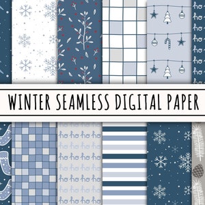 Boho Winter nahtlos digitales Papier, digitaler Download Datei, Weihnachtsbaumsocken Schnee Blätter Druck, Weihnachten abstraktes Stoff Design, blaues Muster