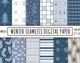 May include: A collection of seamless digital papers with winter-themed patterns. Designs include snowflakes, Christmas trees, and holiday greetings. The papers are 12" x 12" and suitable for various craft projects. The color palette features shades of blue, white, and gray.