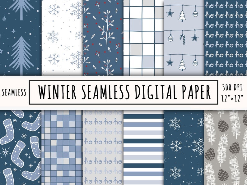 May include: A collection of seamless digital papers with winter-themed patterns. Designs include snowflakes, Christmas trees, and holiday greetings. The papers are 12" x 12" and suitable for various craft projects. The color palette features shades of blue, white, and gray.