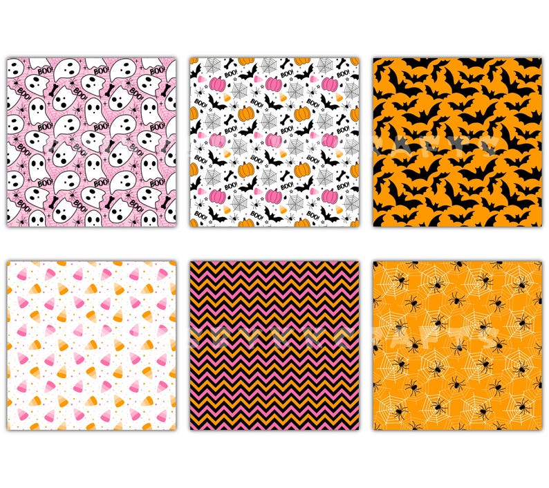 May include: Six Halloween-themed patterns. The patterns include ghosts, bats, pumpkins, candy corn, zigzags, and spiders. The color palette includes pink, orange, black, and white. These patterns are suitable for various craft projects.