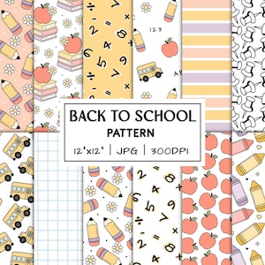 Papiers numériques pour la rentrée scolaire, motifs imprimables sans couture, graphiques pour enseignants, arrière-plans de salle de classe, téléchargements mignons de bus floral pomme au crayon