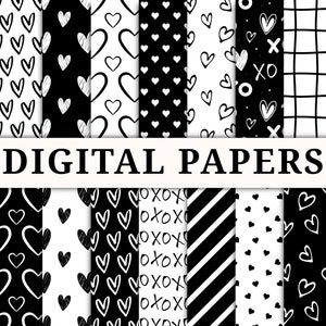 18 Paquete de papel digital de San Valentín en blanco y negro, patrón imprimible repetido sin costuras, archivo de descarga instantánea, diseño de moda, fondo del corazón