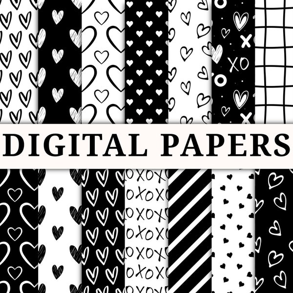 18 Black and white Valentines digital paper pack, Seamless repeat printable pattern, instant download file, trendy design, heart background