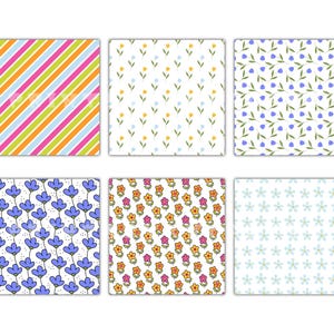 Pu&ograve; includere: Sei motivi quadrati con vari disegni. Questi includono strisce diagonali rosa, arancioni, verdi e blu; piccoli fiori gialli e blu; fiori blu a forma di campana e fiori dei cartoni animati.