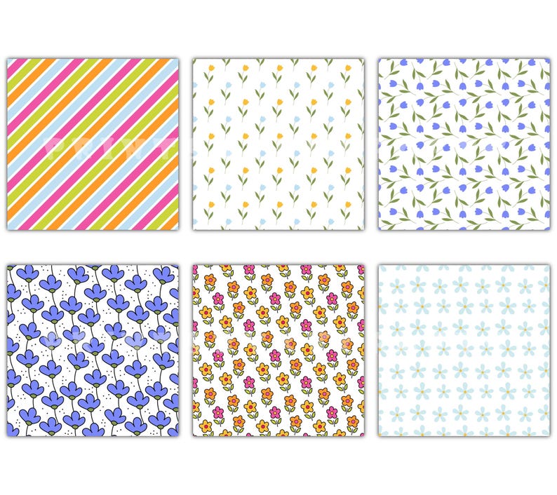 Pu&ograve; includere: Sei motivi quadrati con vari disegni. Questi includono strisce diagonali rosa, arancioni, verdi e blu; piccoli fiori gialli e blu; fiori blu a forma di campana e fiori dei cartoni animati.