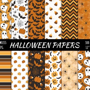 May include: A collection of seamless Halloween-themed digital papers. The patterns include pumpkins, bats, ghosts, spiderwebs, and candy corn in orange, black, and white. The text "HALLOWEEN PAPERS" is displayed. Each paper is 12" x 12".