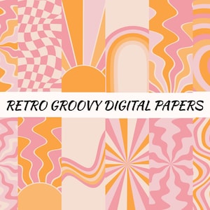 Papel digital Boho Pink Retro Groovy, fondo de los años 60 y 70, patrón imprimible vintage, descarga instantánea, JPG, PNG, impresión de póster en tonos pastel naranja