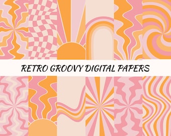 Carta digitale Boho Pink Retro Groovy, sfondo anni '60 e '70, motivo stampabile vintage, download immediato, JPG, PNG, stampa poster arancione pastello
