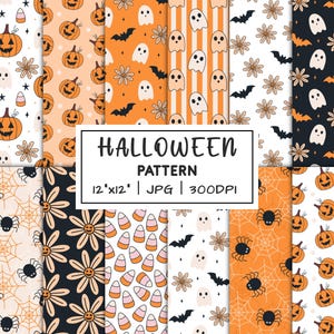 Peut inclure: Plusieurs motifs sur le thème d'Halloween avec des citrouilles, des fantômes, des chauves-souris, des araignées et des bonbons. Les motifs sont en orange, noir et blanc. Le texte "HALLOWEEN PATTERN 12"x12" JPG 300DPI" est affiché.