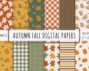 Autumn fall digital paper pack, seamless repeat printable pattern, digital download file, leaf background boho pumpkin scrapbook paper jpeg