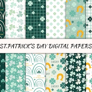 St.Patrick's Day Papers, Nahtloses druckbares Muster, Sofortiger Download, digitaler Kleeblatt-Hintergrund, digitaler Kleeblatt-Hintergrund