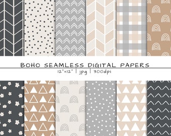 Pacchetto di carta digitale NEUTRO SENZA GIUNTE, modelli ripetibili, file di download istantaneo di sfondo BOHO, carta per album boho, doodle disegnato a mano