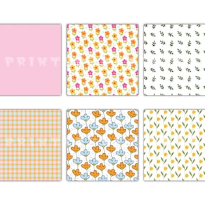 Pu&ograve; includere: Sono presentati sei modelli decorativi. La fila superiore presenta un quadrato rosa con la parola "PRINT", un motivo floreale con fiori arancioni, rosa e gialli e un motivo di foglie verdi. La fila inferiore include un motivo a quadri, un motivo floreale con fiori arancioni e blu e un motivo di tulipani gialli.