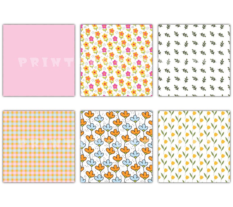 Pu&ograve; includere: Sono presentati sei modelli decorativi. La fila superiore presenta un quadrato rosa con la parola "PRINT", un motivo floreale con fiori arancioni, rosa e gialli e un motivo di foglie verdi. La fila inferiore include un motivo a quadri, un motivo floreale con fiori arancioni e blu e un motivo di tulipani gialli.