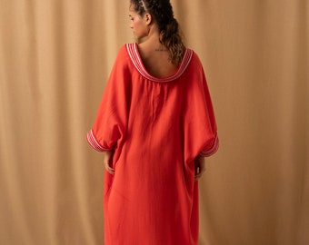 Red Long Kimono Robe > Cotton Bohemian Overcoat • Hand Embroidered, Red Boho Robe, Artisan Made, Boho Coverup, Red Cotton Coverup