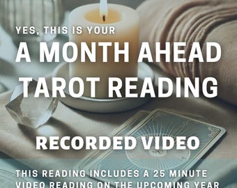 May include: A lit candle sits on a white saucer, with tarot cards in the foreground. The text reads "YES, THIS IS YOUR A MONTH AHEAD TAROT READING RECORDED VIDEO". The image also includes the text "THIS READING INCLUDES A 25 MINUTE VIDEO READING ON THE UPCOMING YEAR".