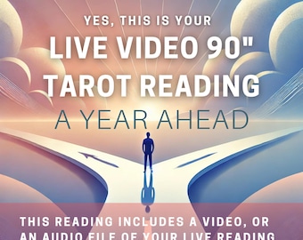 May include: A digital illustration of a person standing at a fork in the road. The text reads "YES, THIS IS YOUR LIVE VIDEO 90" TAROT READING A YEAR AHEAD." The text below reads "THIS READING INCLUDES A VIDEO, OR AN AUDIO FILE OF YOUR LIVE READING." The text at the bottom reads "**Scheduled Reading according to available timeslots".