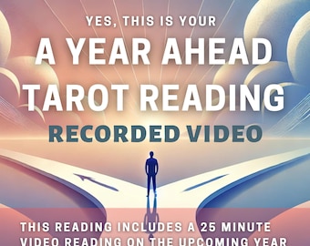 May include: A graphic with a silhouette of a person standing at a fork in the road. The text reads "Yes, this is your A Year Ahead Tarot Reading Recorded Video. This reading includes a 25 minute video reading on the upcoming year. Within the hour delivery is possible upon availability."
